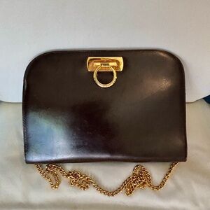 Salvatore Ferragamo Brown Leather Shoulder Bag Gold Gancini Chain Strap Vintage